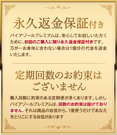 バイアゾールプレミアムは返金保証付きで定期回数の縛り無し